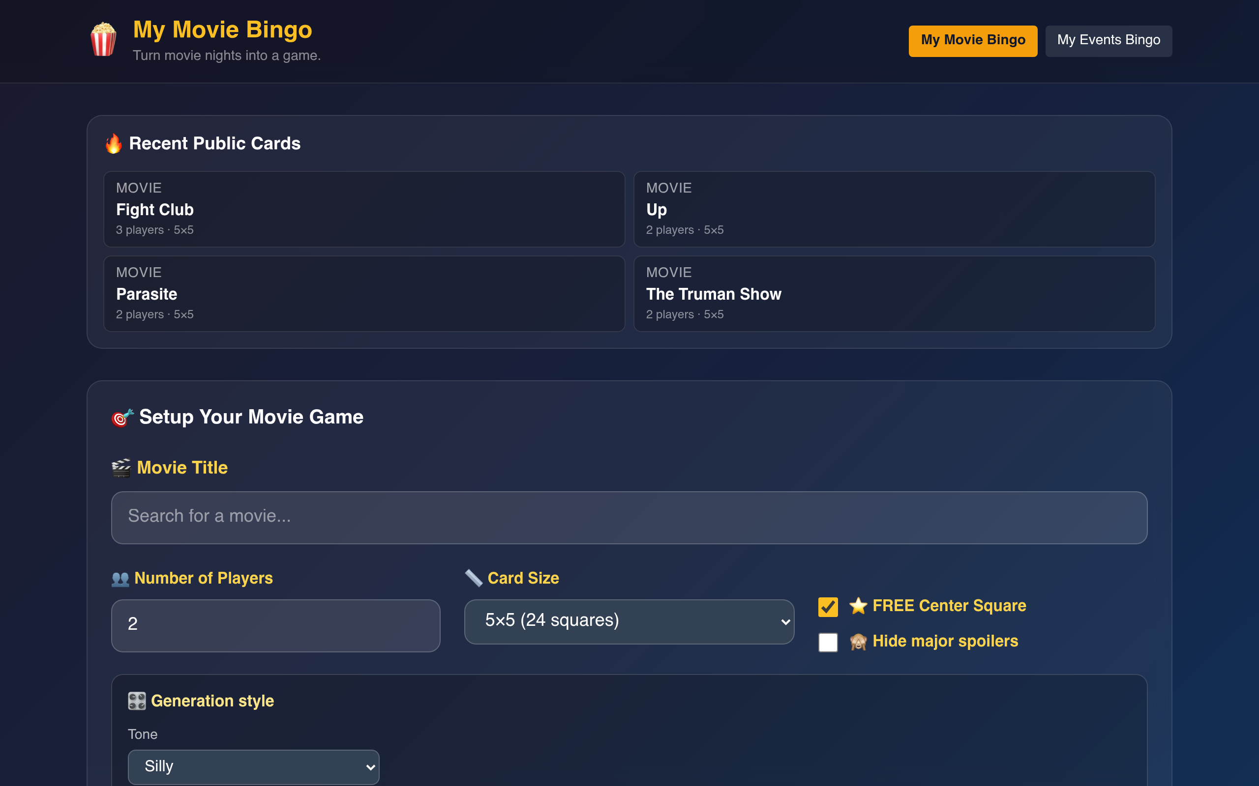 Screenshot of My Movie Bingo homepage